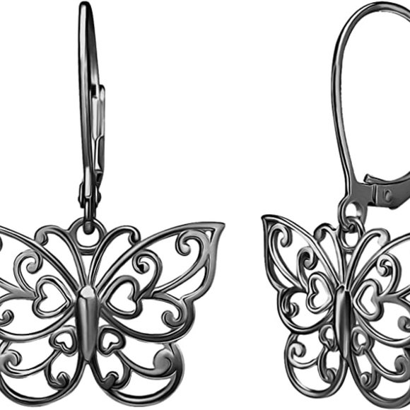 Sterling Silver Butterfly Earrings Filigree Dainty Dangle Drop Leverback
